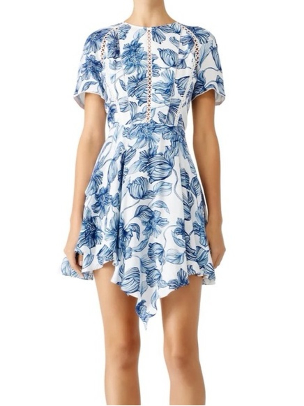 Blue Floral Handkerchief Hem Dress - Women